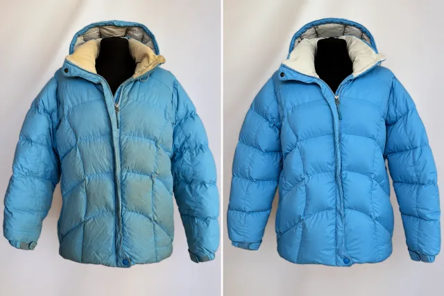 Синий пуховик до чистки слева и после чистки справа